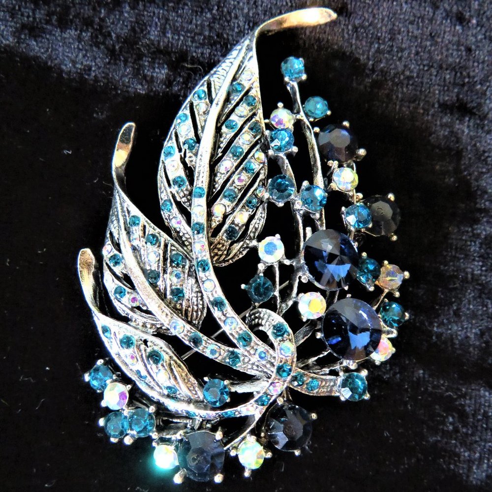 Large Blue & Clear Rhinestone brooch 3"  NEW LOWER PRICE